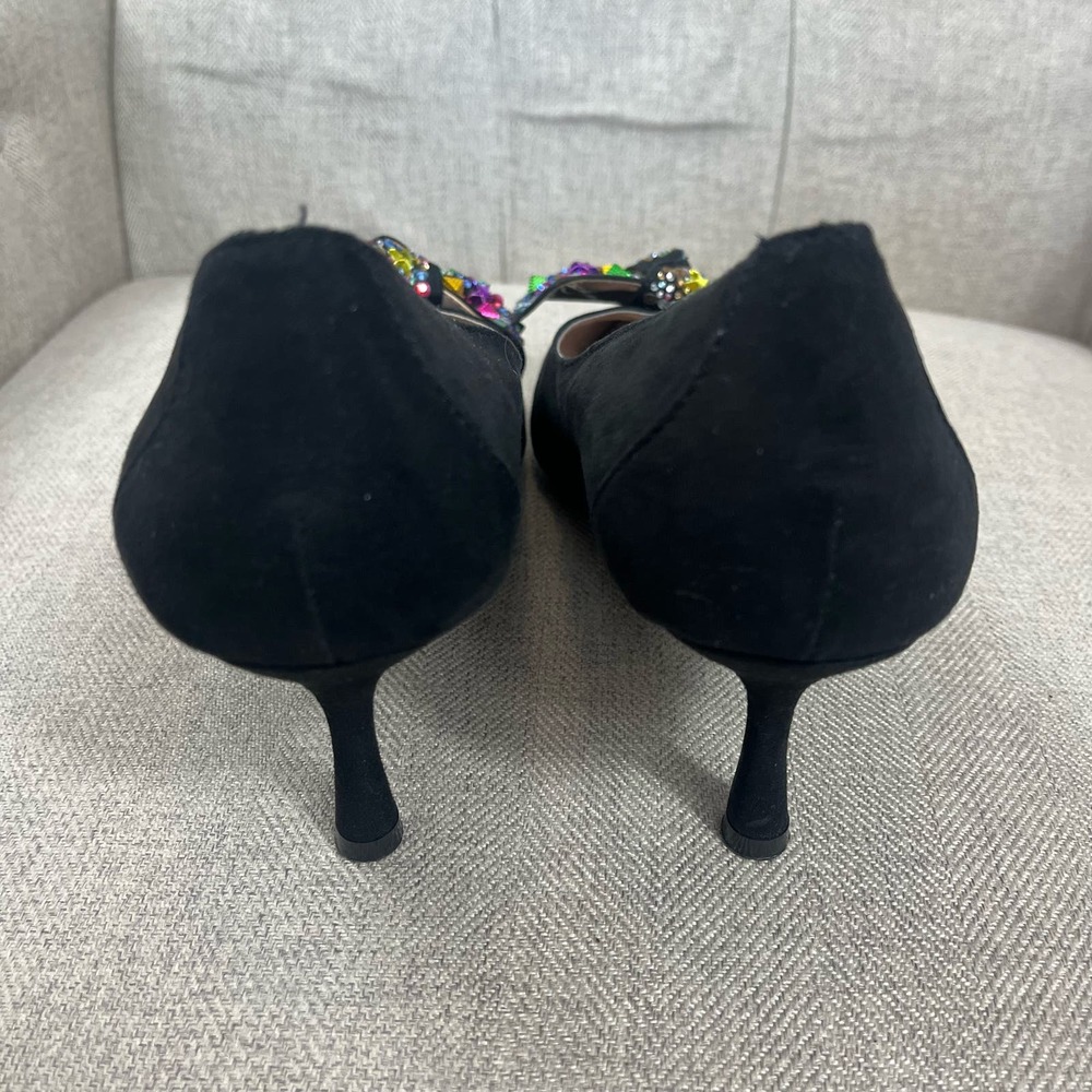 Betsey Johnson Black Pointed Toe Kitten Heel Pumps with Multicolor Gem Bow - Picture 5 of 8